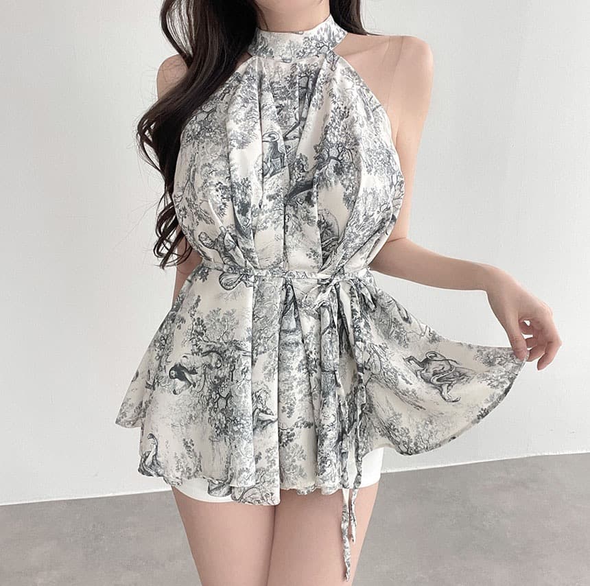 한 부서 프랑스식 레트로 수묵화 프린트 행침 목 민소매 맨위 여성 여름 순수한 욕망 슬림해 보이는 쉬폰 블라우스 상세 이미지 2