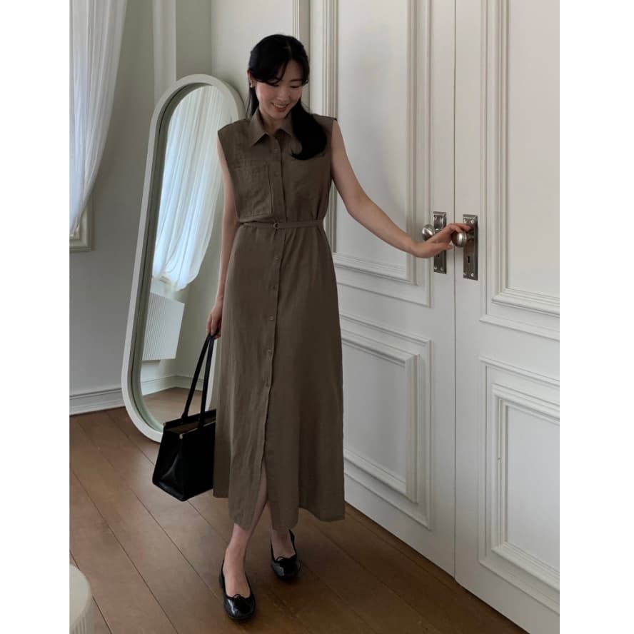 한국 스타일 chic 미니멀리즘 품격 부서 벨트 셔츠 칼라 민소매 드레스 롱 스커트 여성 양면 있음 주머니 벨트 포함 이미지 3