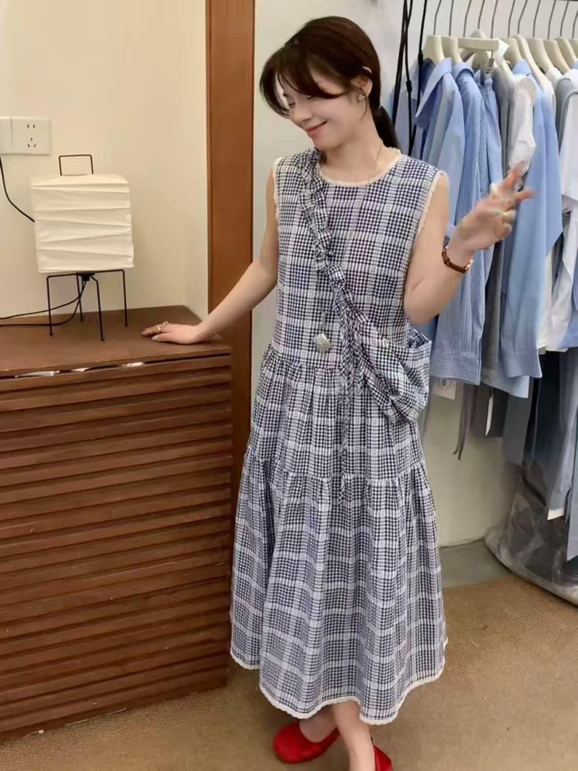 한 부서 민소매 달콤함 여름 파란색 조끼 체크무늬 프랑스식 레트로 문예 체크무늬 없음 얇은 경기 가방 롱 스커트 상세 이미지 5