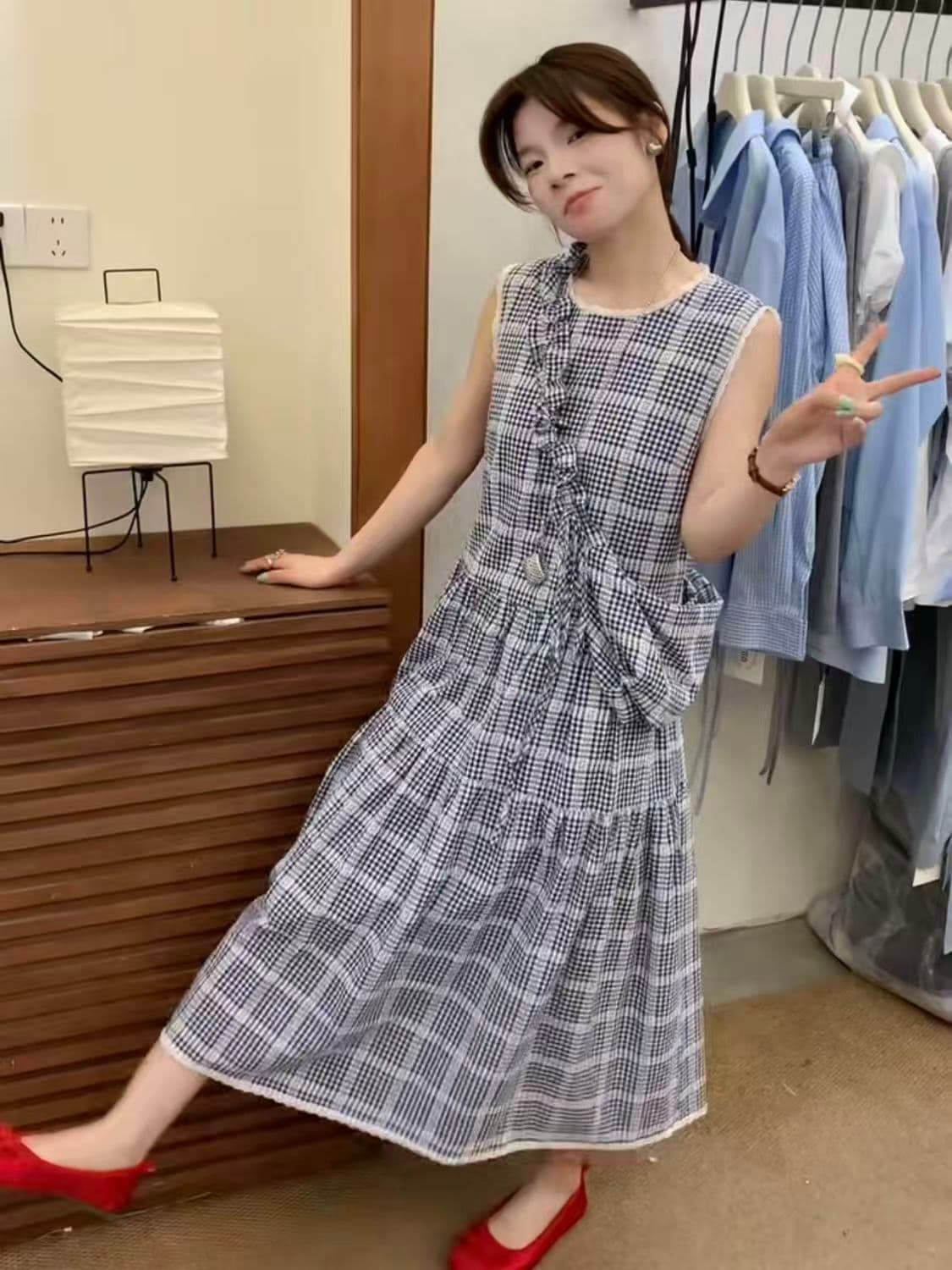 한 부서 민소매 달콤함 여름 파란색 조끼 체크무늬 프랑스식 레트로 문예 체크무늬 없음 얇은 경기 가방 롱 스커트 상세 이미지 7