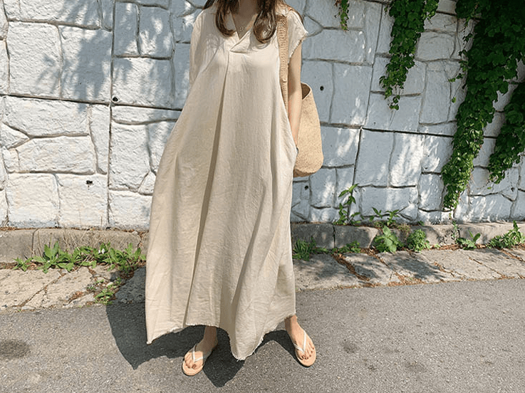 한 스타일 미니멀리즘 루즈핏 슬림해 보이는 드레스 V넥 드레스 양면 있음 주머니 상세 이미지 3