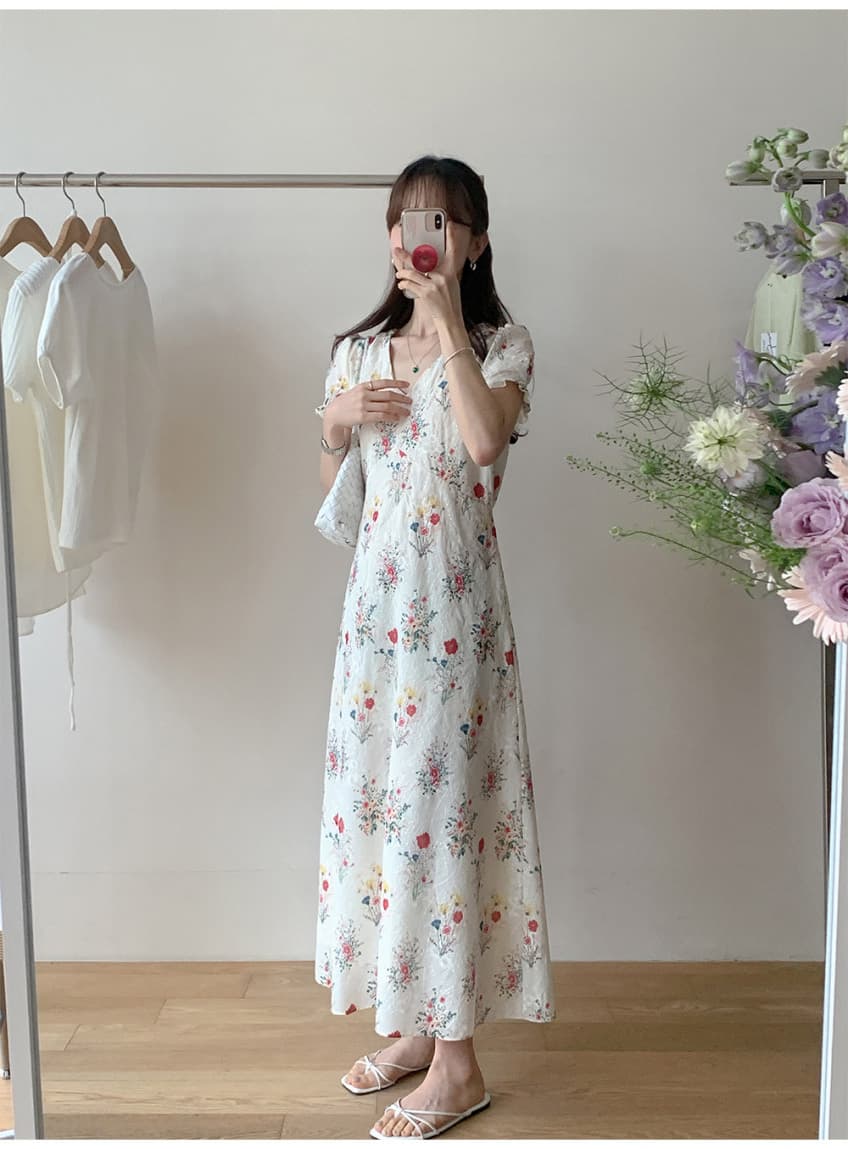 프랑스식 전원 바람 꽃무늬 V넥 드레스 허리 수축 차 휴식 치마 상세 이미지 4