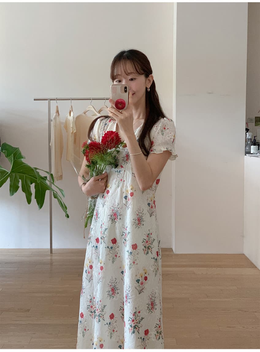 프랑스식 전원 바람 꽃무늬 V넥 드레스 허리 수축 차 휴식 치마 상세 이미지 19