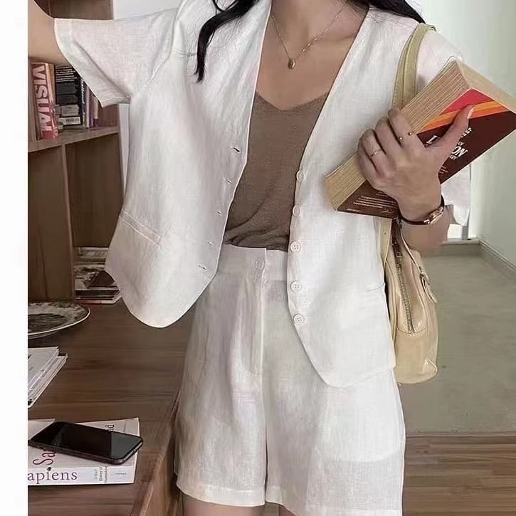 chic 여름 한국 스타일 다용도 세트 여성 작은 외투 셔츠 맨위 캐주얼 넓은 다리가 짧다. 바지 정장 투피스 슈트 이미지 2