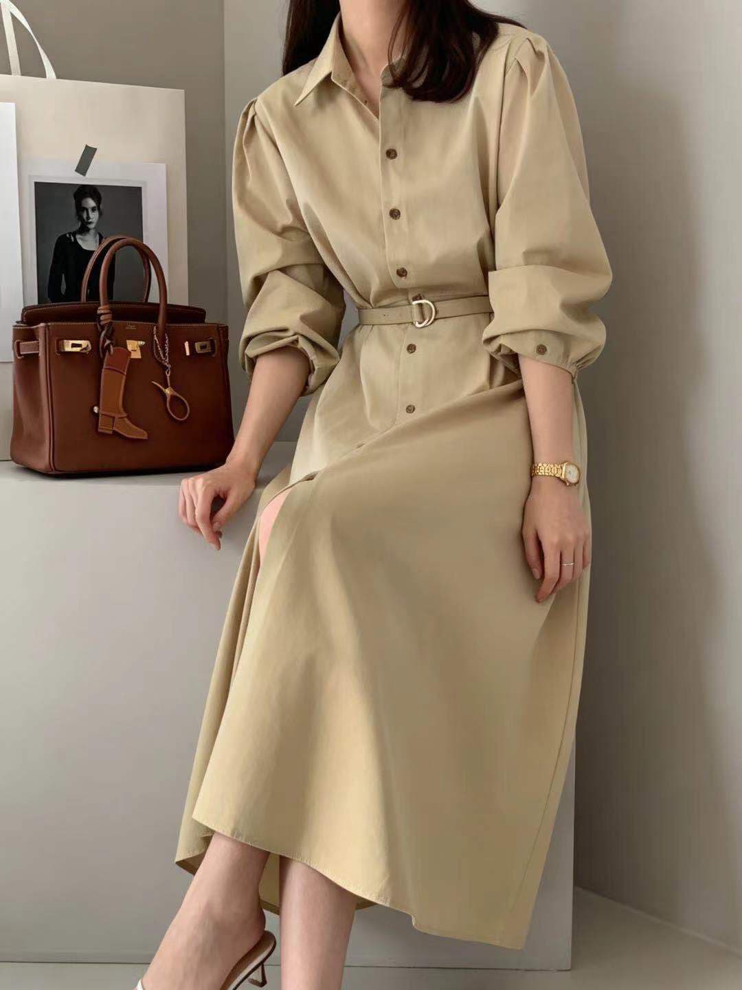숙녀 품격 한국 패션 긴팔 허리 수축 레이스업 바람막이 스타일 셔츠 점프 슈트 롱 스커트 한국 스타일 드레스 상세 이미지 4