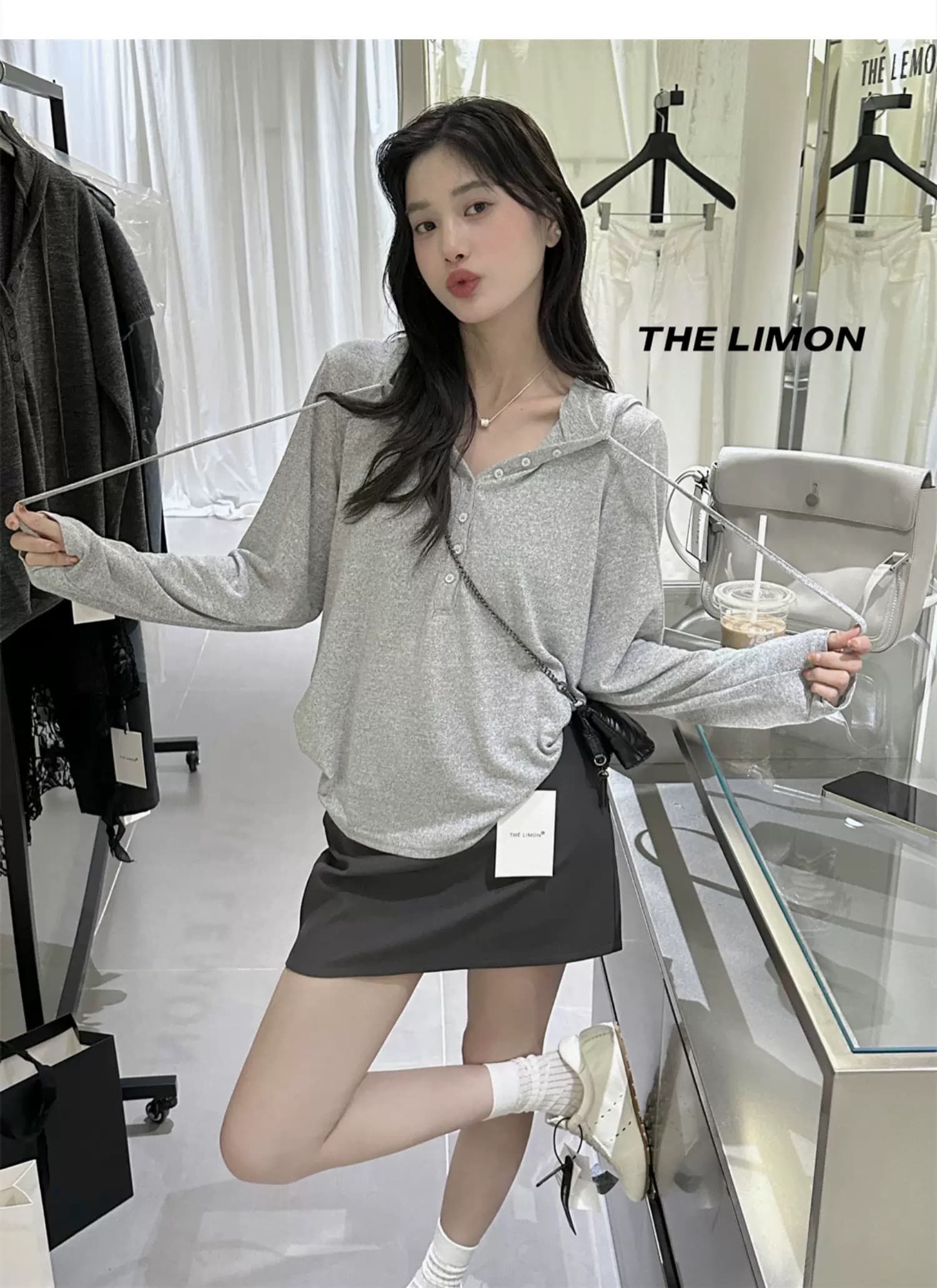한 부서 chic 가을 새로운 하프 버클 후드 긴팔 티셔츠 여성 루즈핏 슬림해 보이는 캐주얼 다용도 미니멀리즘 맨위 ins 상세 이미지 3