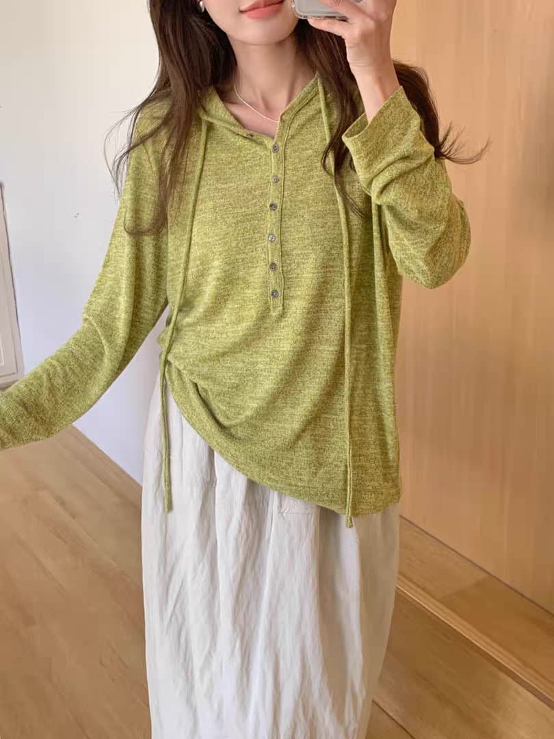 한 부서 chic 가을 새로운 하프 버클 후드 긴팔 티셔츠 여성 루즈핏 슬림해 보이는 캐주얼 다용도 미니멀리즘 맨위 ins 상세 이미지 9