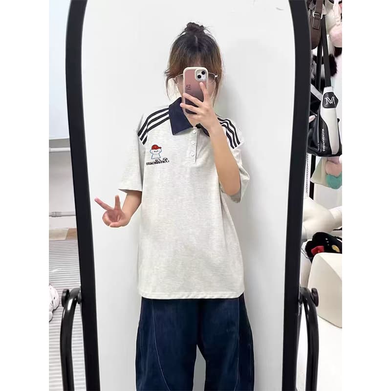 220 그램 단면 순면 반팔 티셔츠 여름 2026 긍정적 인 어깨 스트라이프 가시 자수 폴로 칼라 한국 스타일 맨위 여성 의류 상세 이미지 4