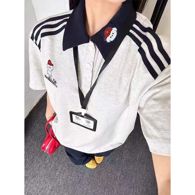 220 그램 단면 순면 반팔 티셔츠 여름 2026 긍정적 인 어깨 스트라이프 가시 자수 폴로 칼라 한국 스타일 맨위 여성 의류 상세 이미지 5