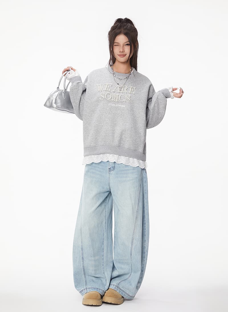 빅 사이즈 여성 의류 200 kg 긴팔 티셔츠 후드티 가을 트렌디 새로운 수공 비즈 페이크 레이어드 라운드 넥 맨위 상세 이미지 2