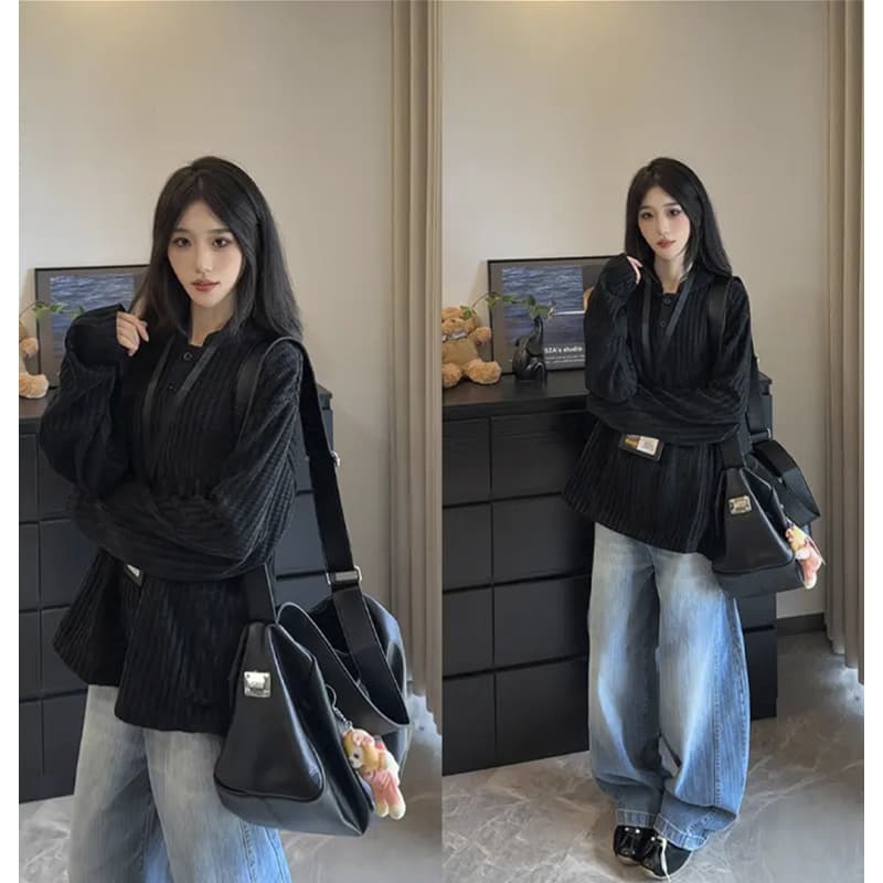 300 그램 원본 긴팔 티셔츠 기본 셔츠 여성 얇은 스타일 트렌디 가을 새로운 생선뼈 곡물 루즈핏 스탠드 칼라 맨위 상세 이미지 5