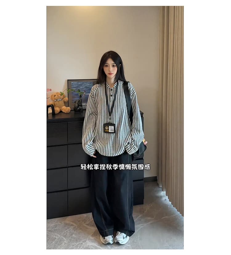 300 그램 원본 긴팔 티셔츠 기본 셔츠 여성 얇은 스타일 트렌디 가을 새로운 생선뼈 곡물 루즈핏 스탠드 칼라 맨위 상세 이미지 24