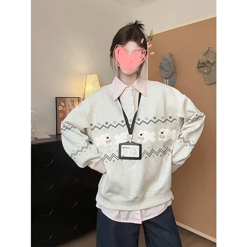 경관 그림 정가 페이크 레이어드 후드티 여성 새로운 얇은 스타일 봄 가을 만화 가시 자수 루즈핏 POLO 칼라 한국 스타일 맨위