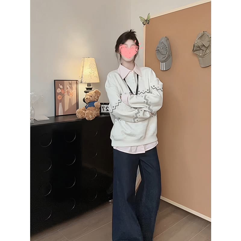 경관 그림 정가 페이크 레이어드 후드티 여성 새로운 얇은 스타일 봄 가을 만화 가시 자수 루즈핏 POLO 칼라 한국 스타일 맨위 이미지 2