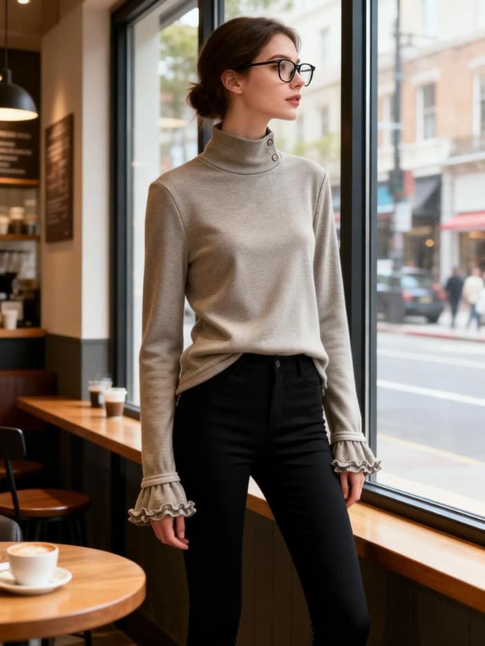 280 그램 양이온 De 플러시 봄 가을 긴팔 티셔츠 기본 셔츠 여성 의류 목이버섯 레이스 터틀넥 맨위 상세 이미지 7