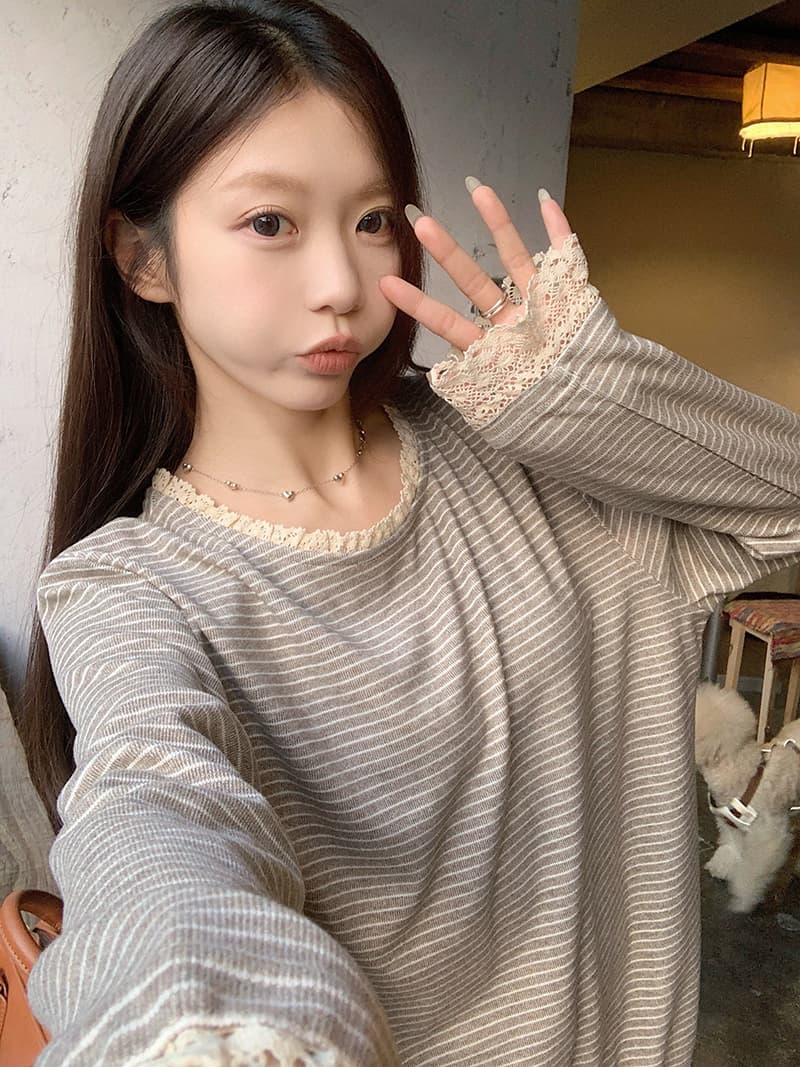 실사 모조 캐시미어 긴팔 티셔츠 기본 셔츠 여성 의류 얇은 스타일 레이스 레이스 봄 가을 라운드 넥 맨위 상세 이미지 12