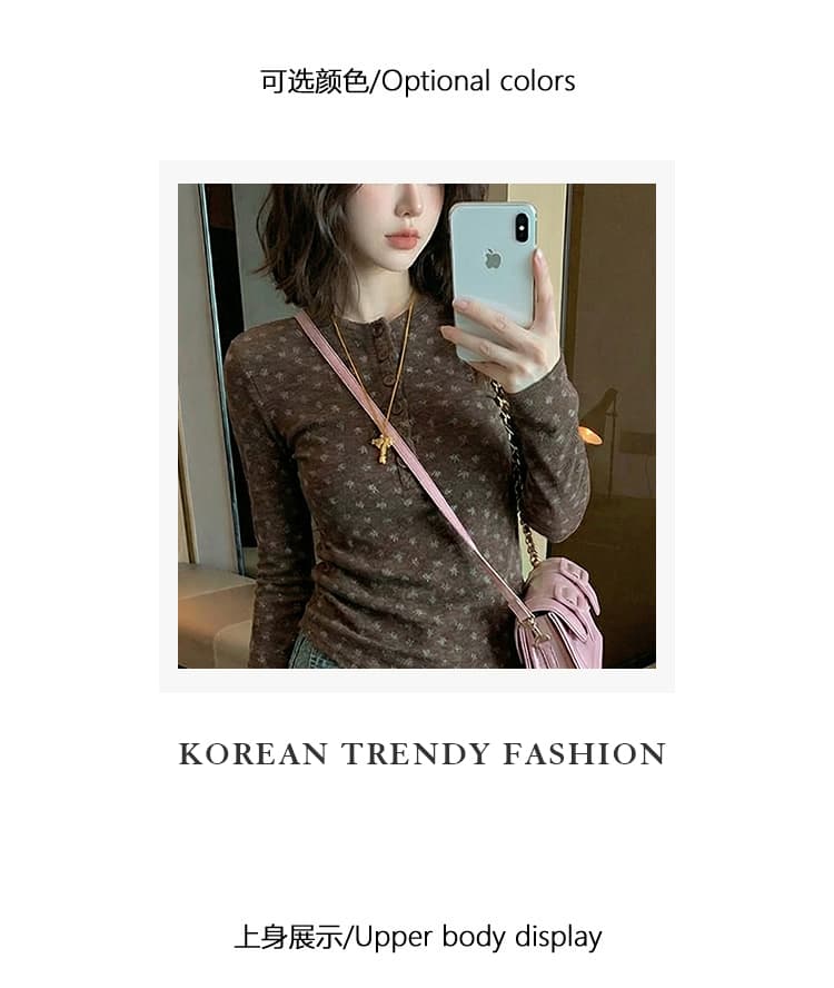 긴팔 티셔츠 기본 셔츠 여성 의류 봄 가을 새로운 트렌디 단추 꽃무늬 쇼트 스타일 몸매 가꾸기 라운드 넥 맨위 상세 이미지 4
