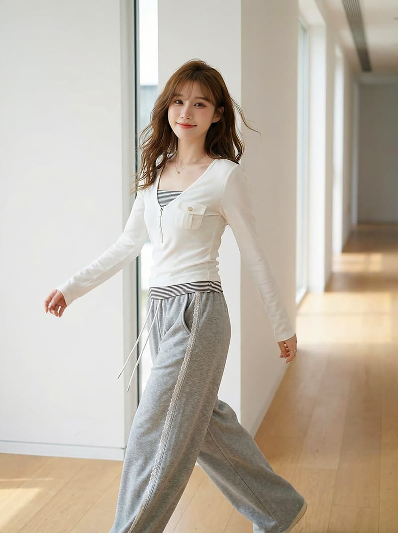 1 1 모달 긴팔 티셔츠 여성 의류 봄 가을 새로운 지퍼 몸매 가꾸기 기본 셔츠 페이크 레이어드 맨위 이미지 2