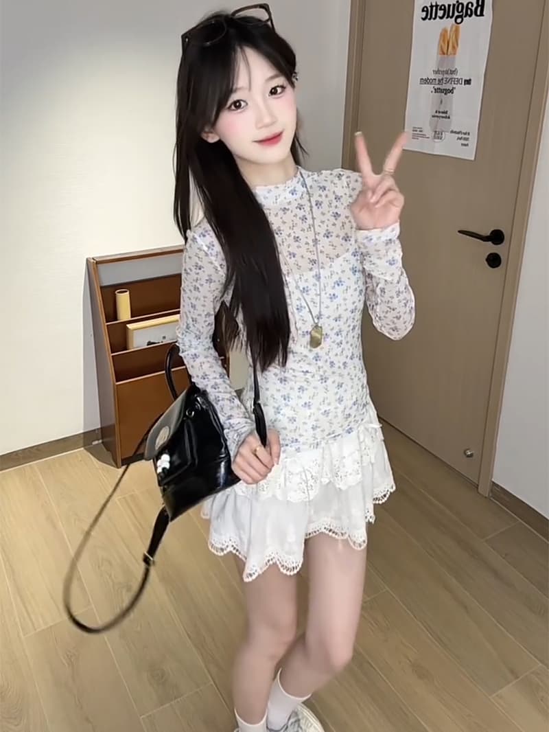 긴팔 티셔츠 여성 의류 봄 가을 얇은 스타일 새로운 한 부서 반하이넥 꽃무늬 몸매 가꾸기 기본 셔츠 맨위 상세 이미지 8