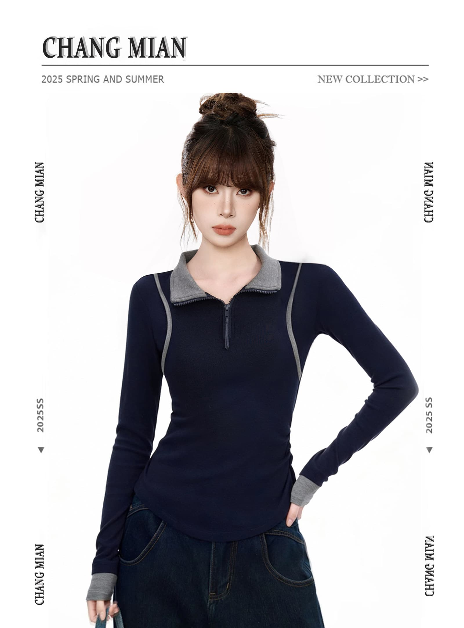 경관 그림 1 1 모달 260 그램 긴팔 티셔츠 여성 의류 봄 가을 새로운 페이크 레이어드 지퍼 POLO 칼라 기본 셔츠 상세 이미지 7