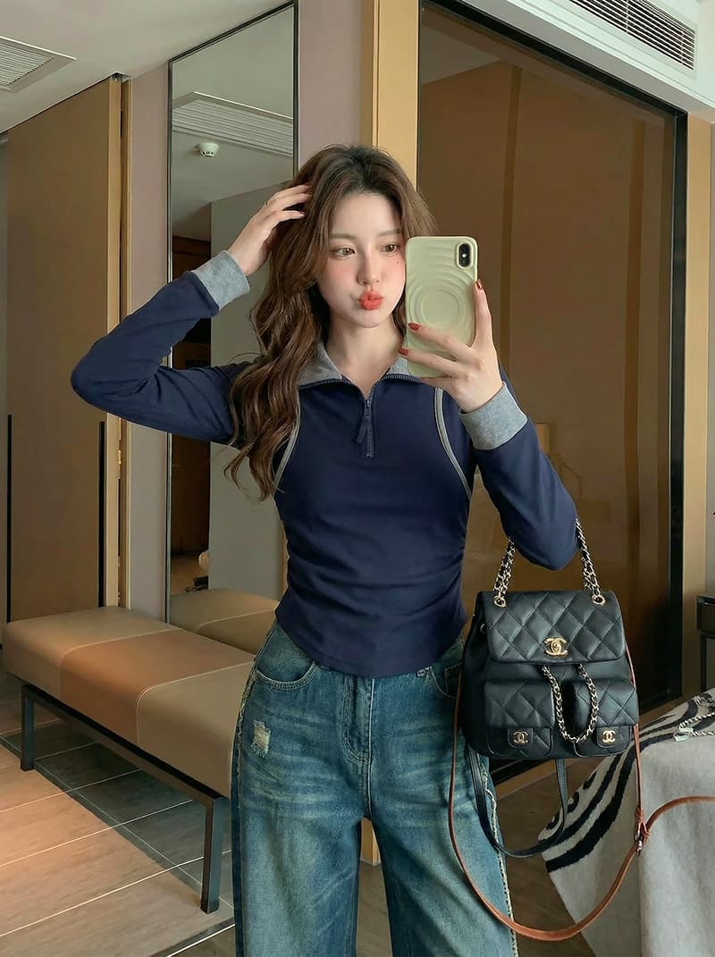 1 1 모달 260 그램 긴팔 티셔츠 여성 의류 봄 가을 새로운 페이크 레이어드 지퍼 POLO 칼라 기본 셔츠 상세 이미지 7