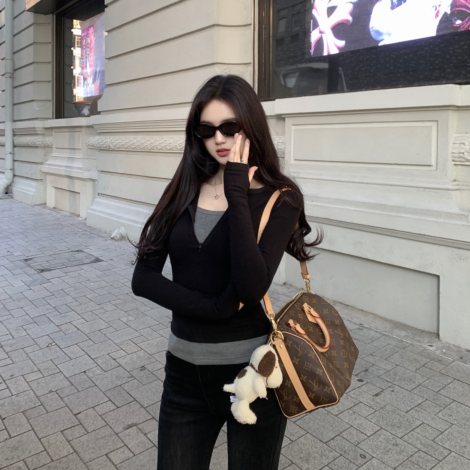 220 그램 부티크 양모 긴팔 티셔츠 기본 셔츠 얇은 배색 페이크 레이어드 몸매 가꾸기 세트 손가락 맨위