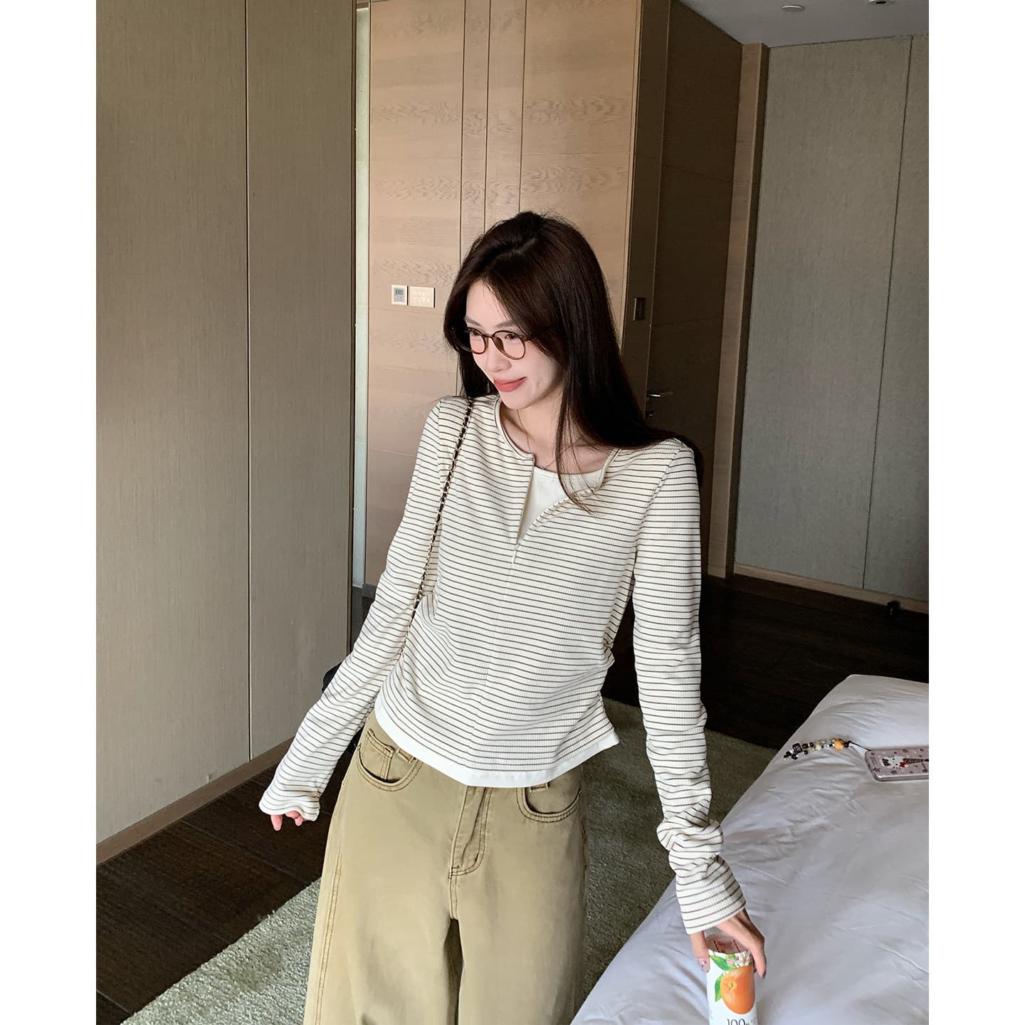 경관 그림 특별 가격 250그램 스트라이프 긴팔 티셔츠 여성 의류 봄 가을 한 부서 레트로 인사이드 가져 가라. 페이크 레이어드 기본 셔츠 맨위 상세 이미지 3
