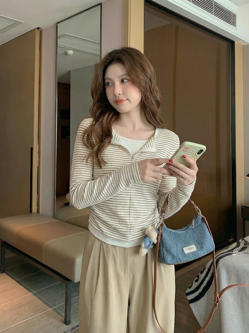 250그램 스트라이프 긴팔 티셔츠 여성 의류 봄 가을 한 부서 레트로 인사이드 가져 가라. 페이크 레이어드 기본 셔츠 맨위 이미지 3