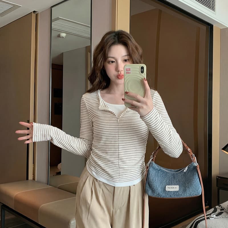 250그램 스트라이프 긴팔 티셔츠 여성 의류 봄 가을 한 부서 레트로 인사이드 가져 가라. 페이크 레이어드 기본 셔츠 맨위 이미지 5