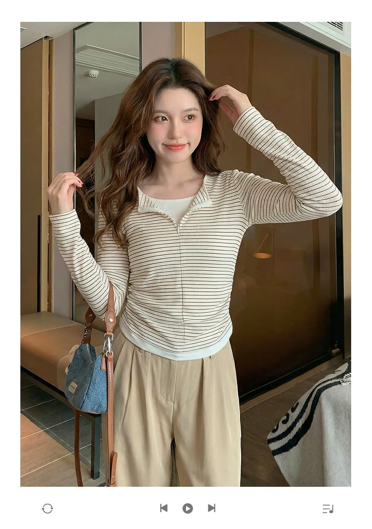 250그램 스트라이프 긴팔 티셔츠 여성 의류 봄 가을 한 부서 레트로 인사이드 가져 가라. 페이크 레이어드 기본 셔츠 맨위 상세 이미지 1