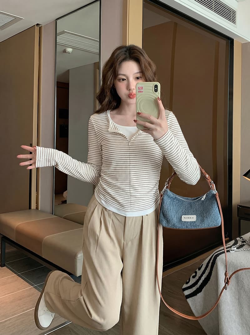 250그램 스트라이프 긴팔 티셔츠 여성 의류 봄 가을 한 부서 레트로 인사이드 가져 가라. 페이크 레이어드 기본 셔츠 맨위 상세 이미지 9