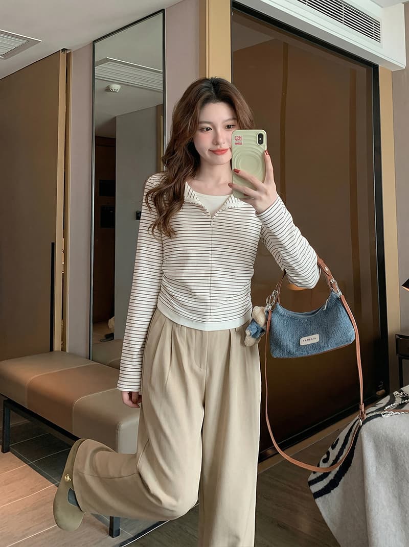 250그램 스트라이프 긴팔 티셔츠 여성 의류 봄 가을 한 부서 레트로 인사이드 가져 가라. 페이크 레이어드 기본 셔츠 맨위 상세 이미지 11