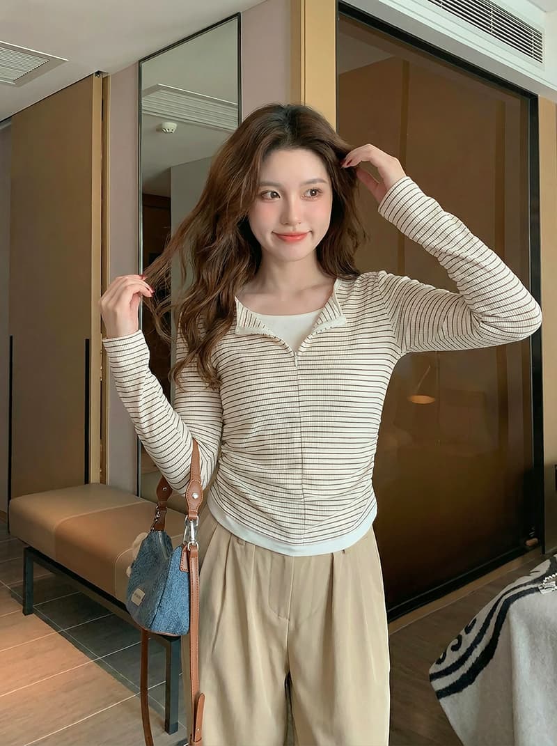 250그램 스트라이프 긴팔 티셔츠 여성 의류 봄 가을 한 부서 레트로 인사이드 가져 가라. 페이크 레이어드 기본 셔츠 맨위 상세 이미지 14