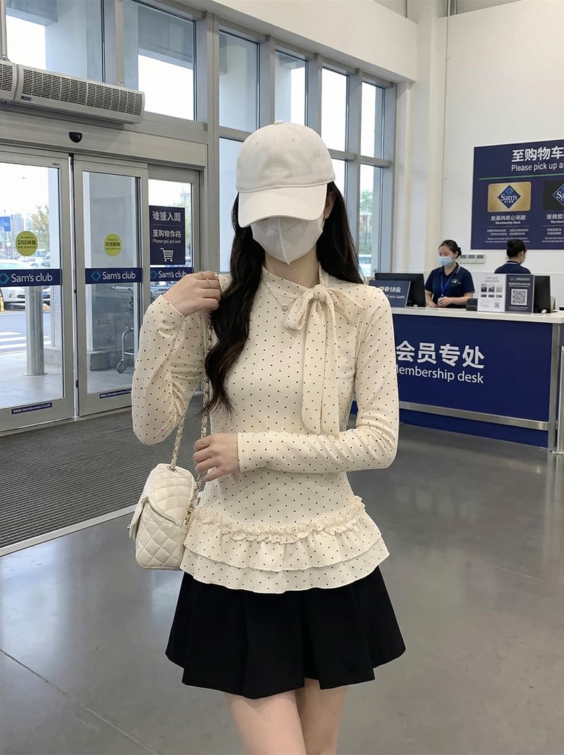 1 1 인 면 270 그램 긴팔 티셔츠 여성 의류 봄 가을 새로운 도트 무늬 나비 매듭 기본 셔츠 맨위 상세 이미지 13