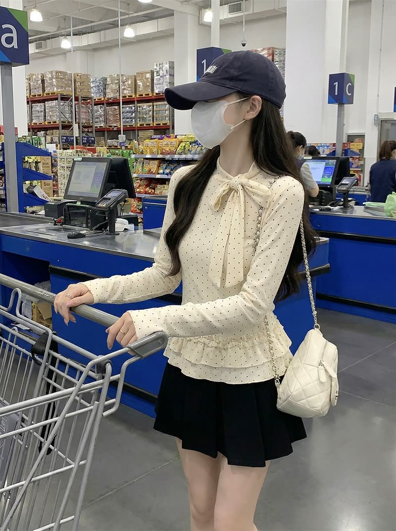 1 1 인 면 270 그램 긴팔 티셔츠 여성 의류 봄 가을 새로운 도트 무늬 나비 매듭 기본 셔츠 맨위 상세 이미지 19