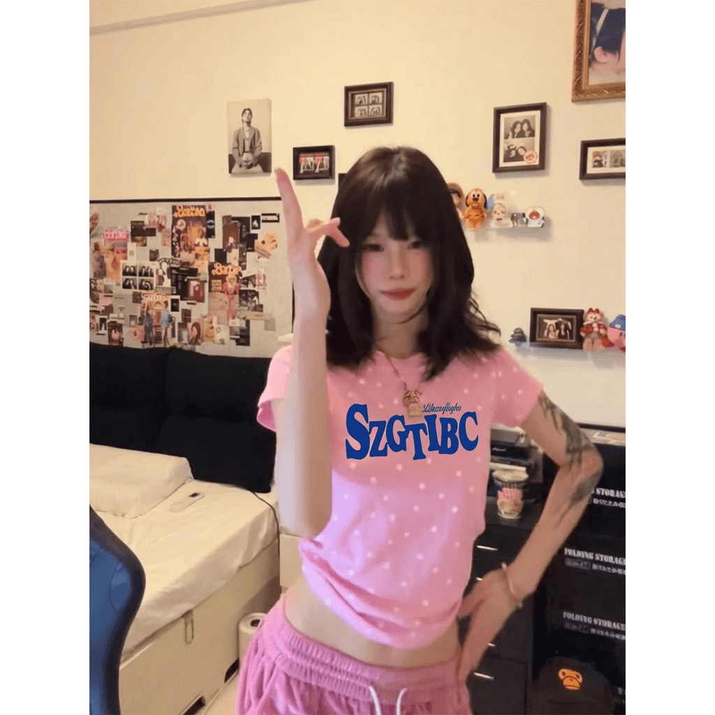 반팔 티셔츠 여성 의류 여름 새로운 트렌디 레트로 별 알파벳 프린트 몸매 가꾸기 쇼트 스타일 라운드 넥 맨위 이미지 3
