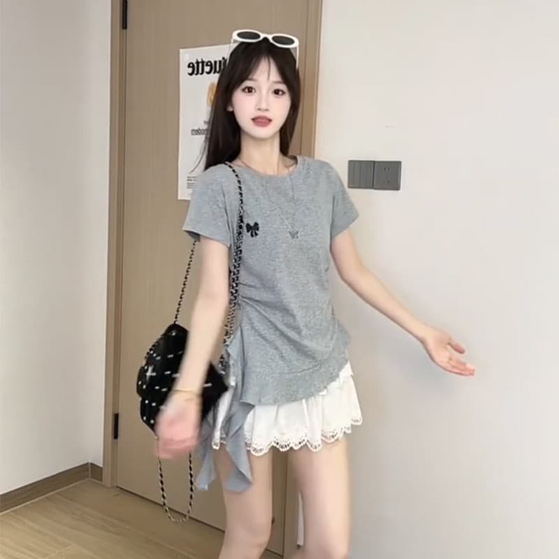 순면 리브 220 그램 반팔 티셔츠 여성 의류 여름 새로운 리본 나비 매듭 슬림해 보이는 라운드 넥 맨위 이미지 5