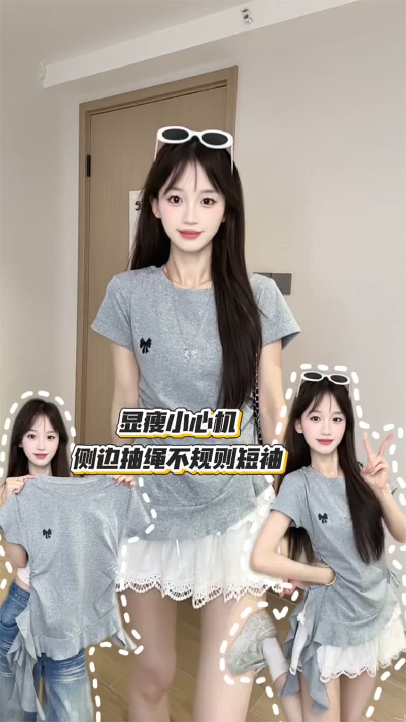 순면 리브 220 그램 반팔 티셔츠 여성 의류 여름 새로운 리본 나비 매듭 슬림해 보이는 라운드 넥 맨위 상세 이미지 2