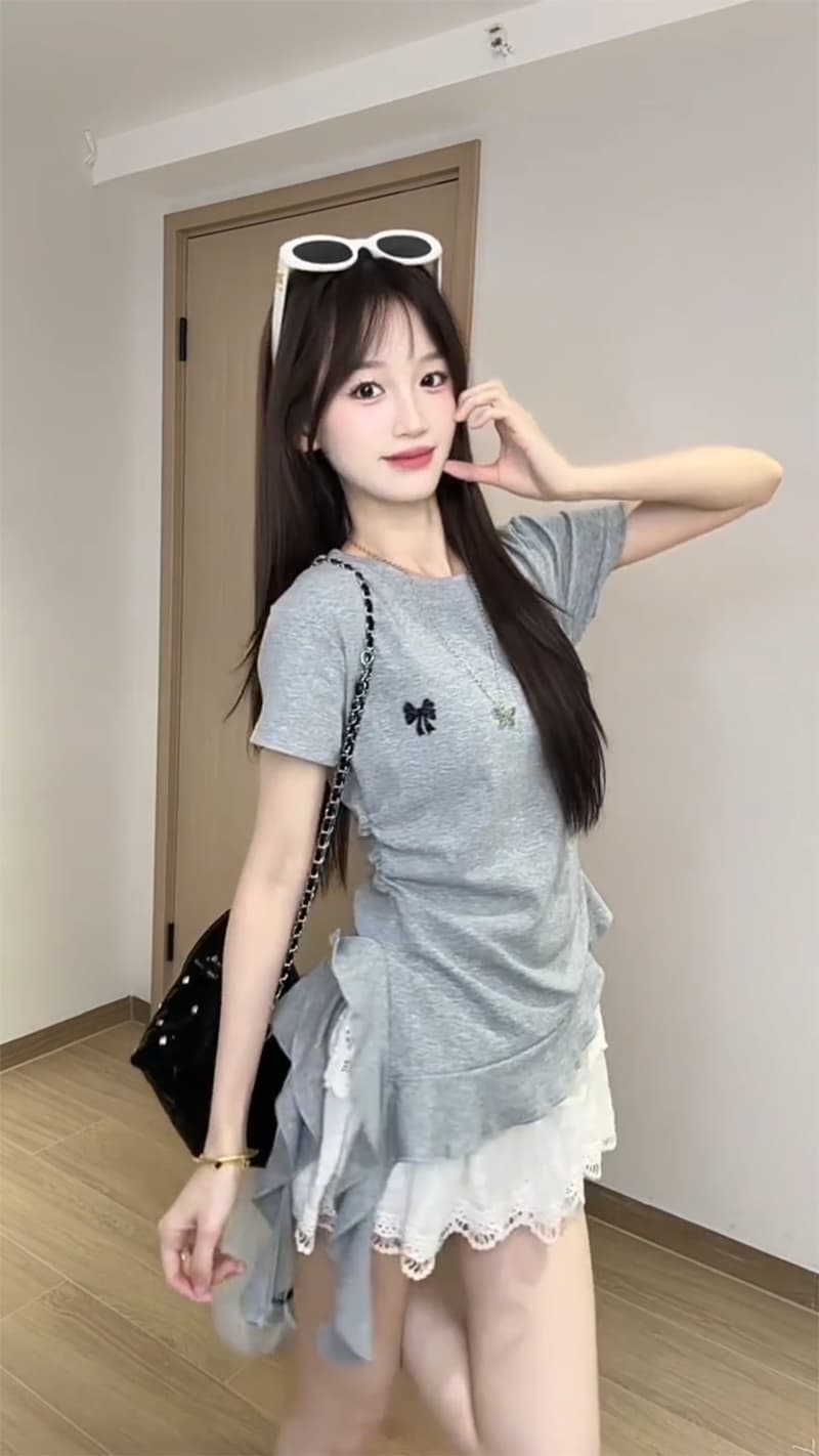 순면 리브 220 그램 반팔 티셔츠 여성 의류 여름 새로운 리본 나비 매듭 슬림해 보이는 라운드 넥 맨위 상세 이미지 7
