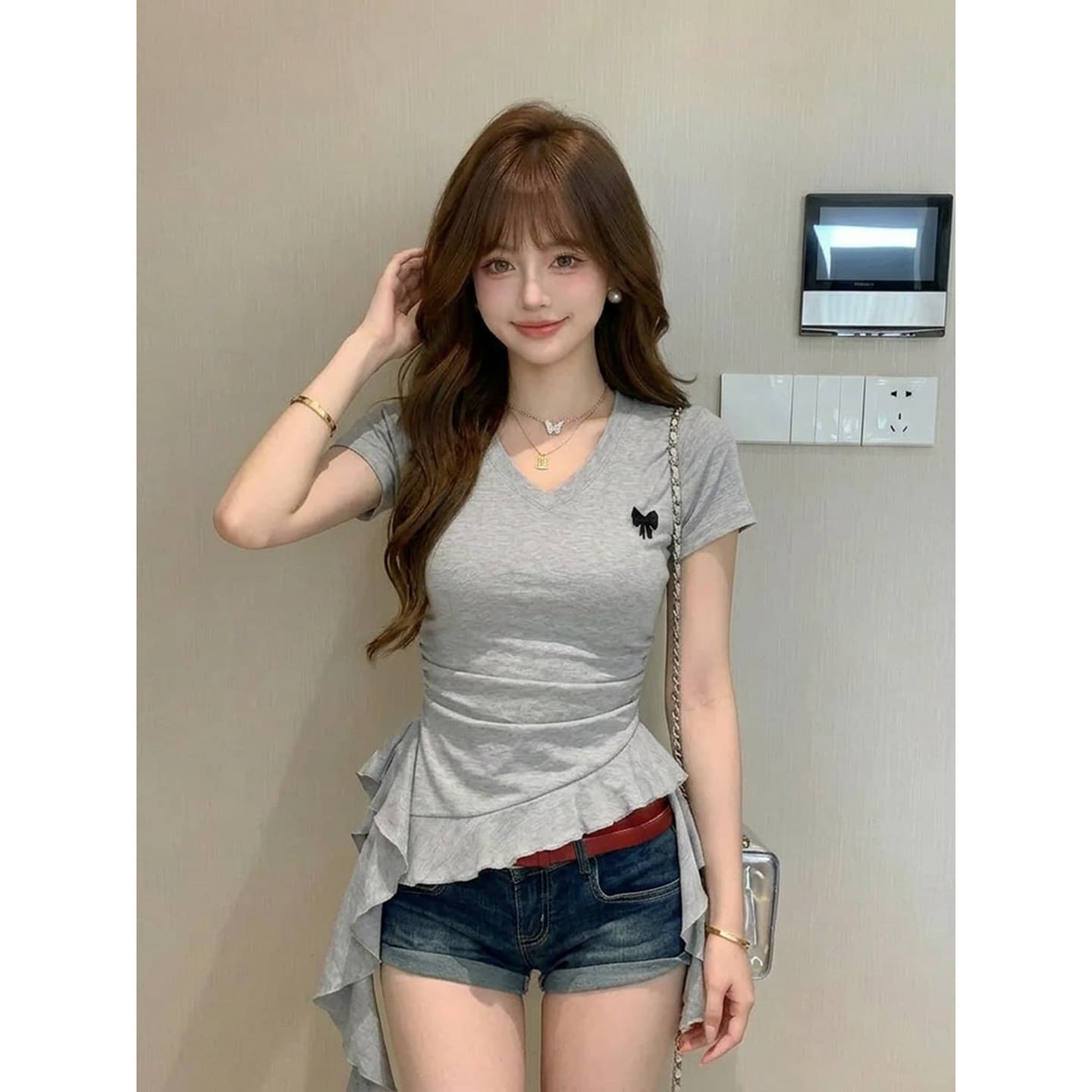 순면 리브 220 그램 반팔 티셔츠 여성 의류 여름 새로운 리본 나비 매듭 슬림해 보이는 V넥 맨위 이미지 5