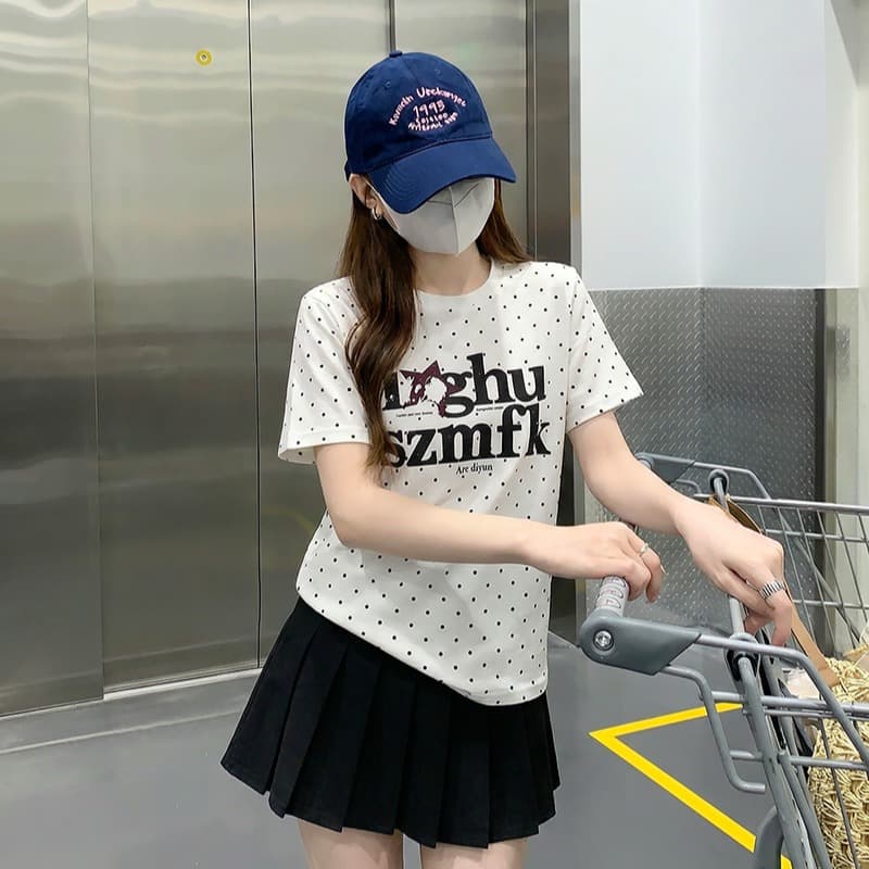 1 1 순면 리브 반팔 티셔츠 여성 의류 여름 새로운 한 부서 프린트 레트로 도트 무늬 라운드 넥 맨위 이미지 5