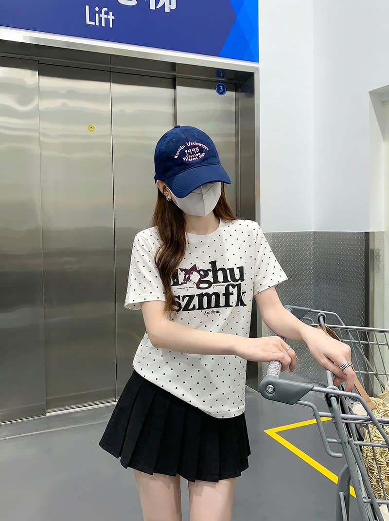 1 1 순면 리브 반팔 티셔츠 여성 의류 여름 새로운 한 부서 프린트 레트로 도트 무늬 라운드 넥 맨위 상세 이미지 12