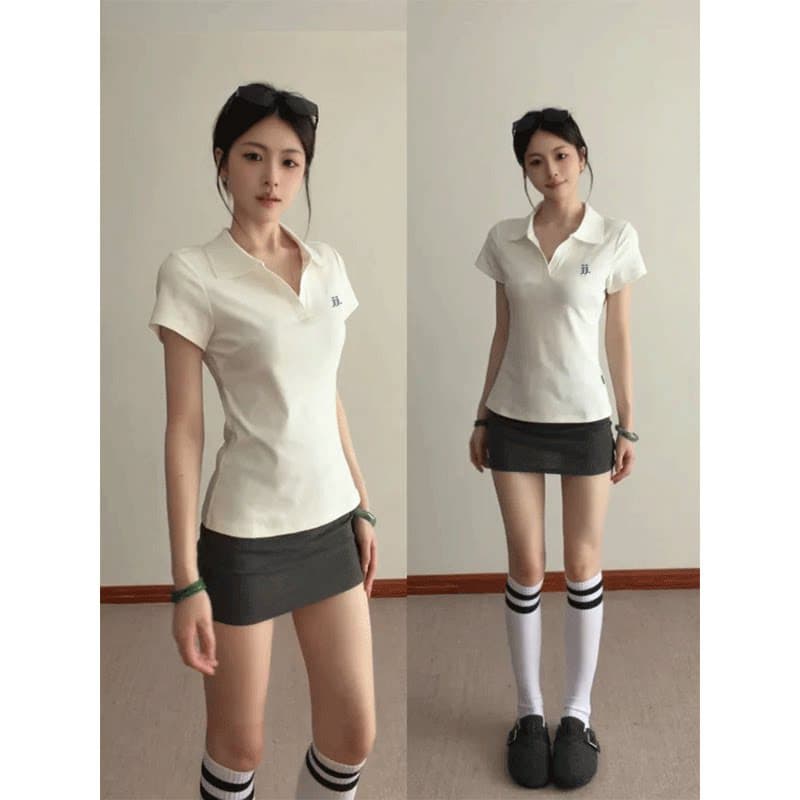 1 1 순면 리브 210 그램 반팔 티셔츠 여성 의류 여름 새로운 한 부서 자수 POLO 칼라 맨위