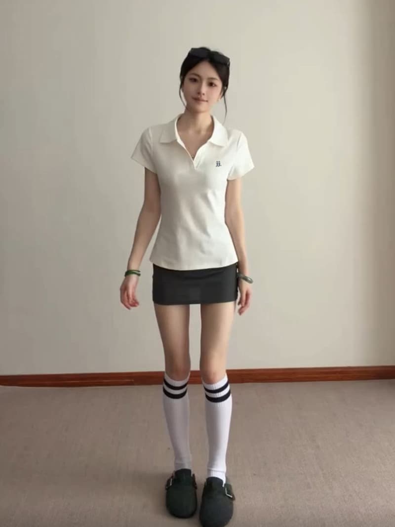 1 1 순면 리브 210 그램 반팔 티셔츠 여성 의류 여름 새로운 한 부서 자수 POLO 칼라 맨위 이미지 4
