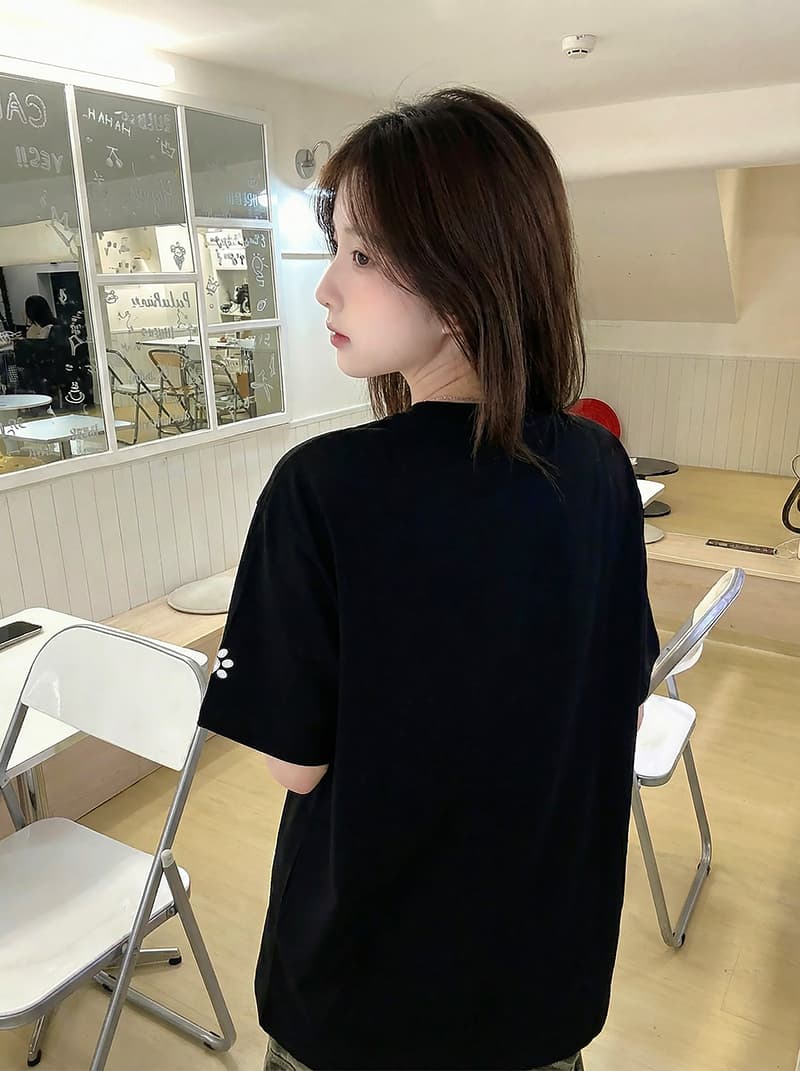 32 더블 실 순면 반팔 티셔츠 여성 여름 새로운 한 부서 루즈핏 가시 자수 라운드 넥 맨위 상세 이미지 7