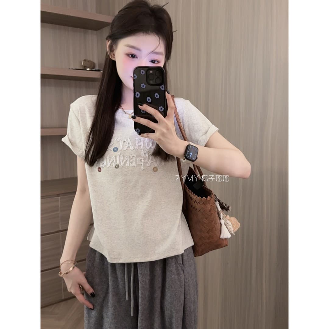 1 1 순면 리브 210 그램 반팔 티셔츠 여성 의류 여름 몸매 가꾸기 새로운 가시 자수 라운드 넥 맨위 이미지 2