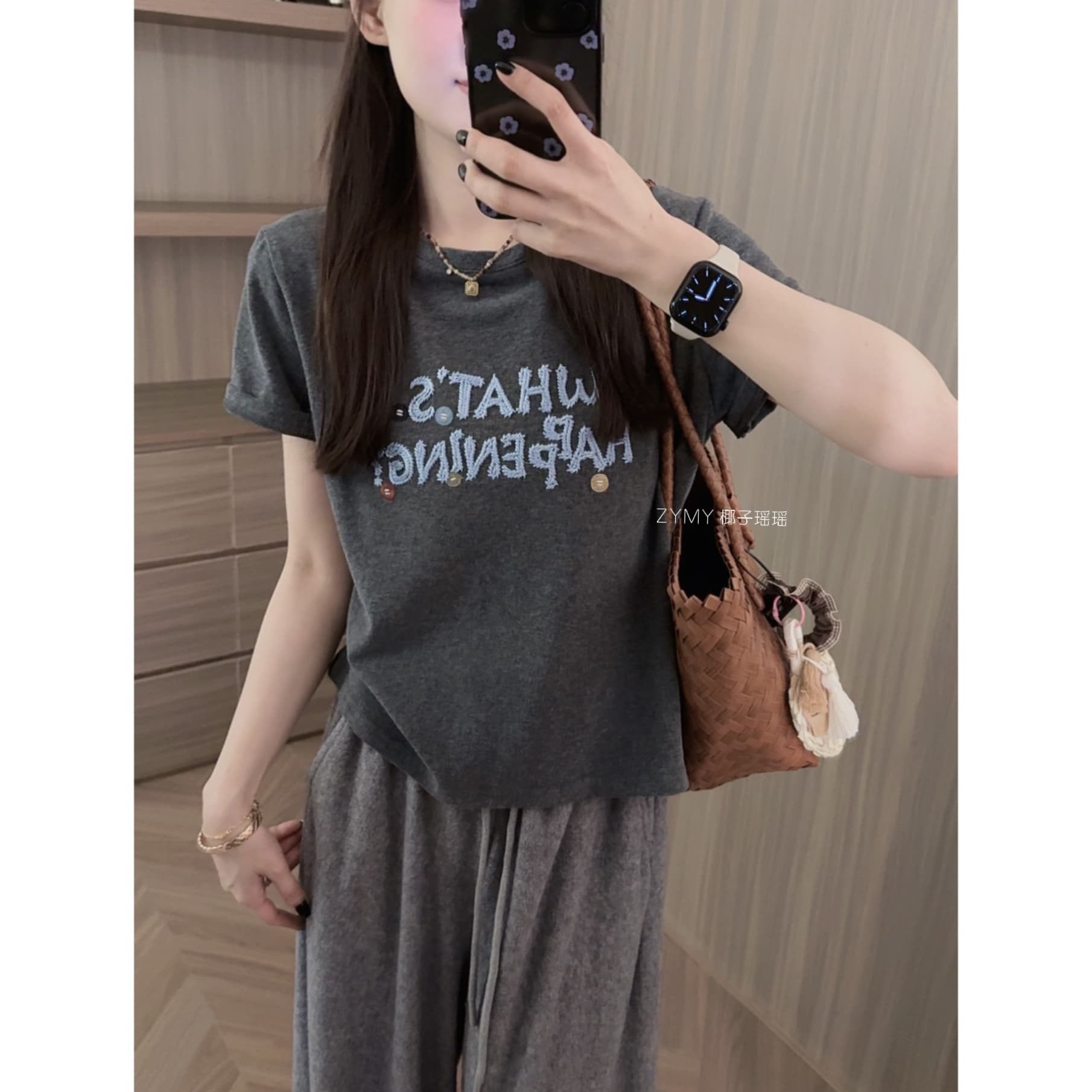 1 1 순면 리브 210 그램 반팔 티셔츠 여성 의류 여름 몸매 가꾸기 새로운 가시 자수 라운드 넥 맨위 상세 이미지 5