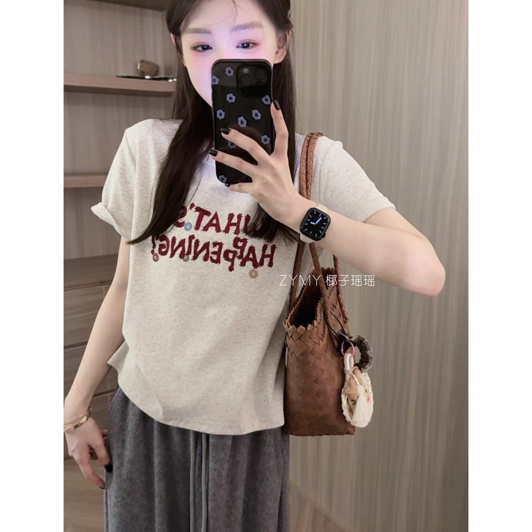 1 1 순면 리브 210 그램 반팔 티셔츠 여성 의류 여름 몸매 가꾸기 새로운 가시 자수 라운드 넥 맨위 상세 이미지 12