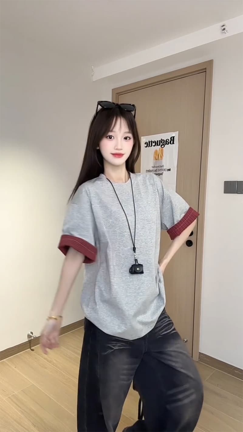 32 더블 실 순면 반팔 티셔츠 남녀 조수 브랜드 커플룩 여름 자수 루즈핏 라운드 넥 맨위 이미지 4
