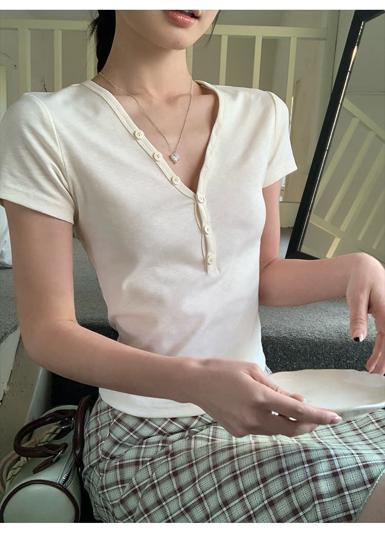 순면 리브 반팔 티셔츠 여성 여름 새로운 디자인 센스 단추 한 부서 긍정적 인 어깨 슬림해 보이는 V넥 맨위 상세 이미지 20